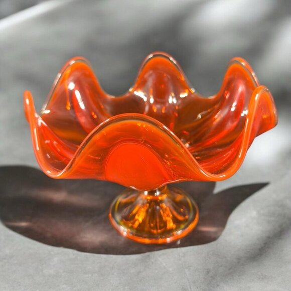 MCM Viking Glass Epic Line Footed Compote Dish Bowl Six Pedal Persimmon Glass - Picture 3 of 16
